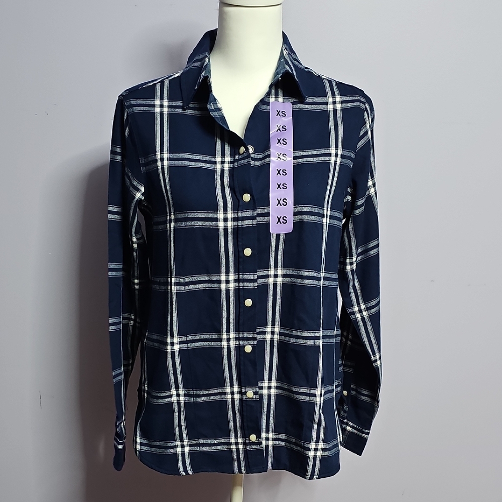 JACHS Girlfriend Blue Plaid Button Down‎ Shirt with Snaps And Pockets